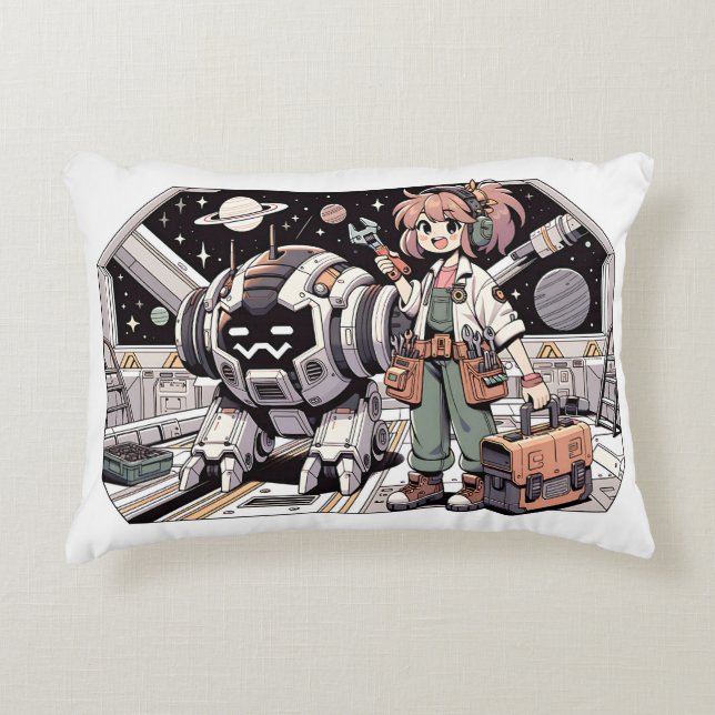 Meisje robot mechanisch gereedschap reparatie accent kussen (Voorkant)
