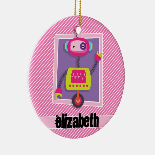 Meisje Robot; Roze & Witte Strepen Keramisch Ornament (Rechts)