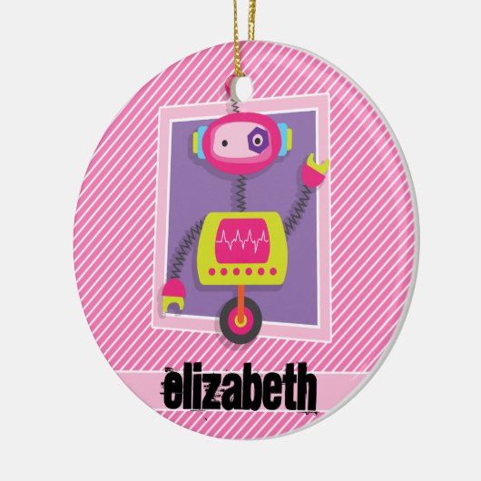 Meisje Robot; Roze & Witte Strepen Keramisch Ornament (Links)
