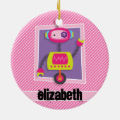 Meisje Robot; Roze & Witte Strepen Keramisch Ornament (Achterkant)
