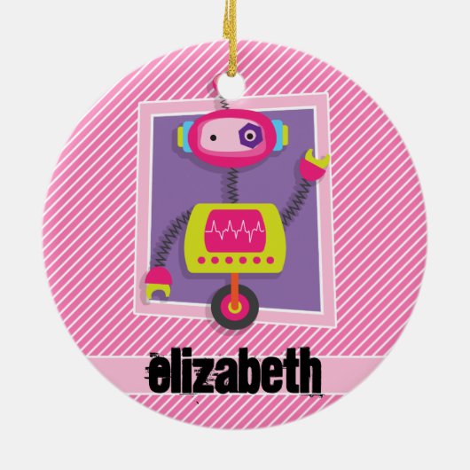 Meisje Robot; Roze & Witte Strepen Keramisch Ornament (Achterkant)