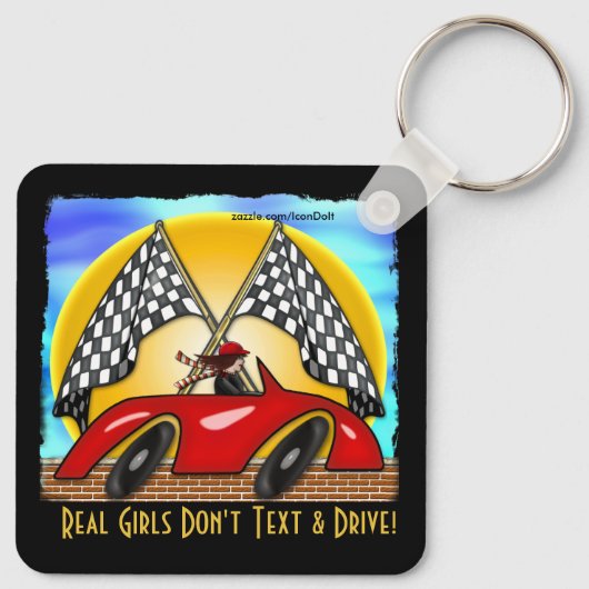 Meisje, rode warme weg, afgesneden vlaggen (gepers sleutelhanger (Achterkant)