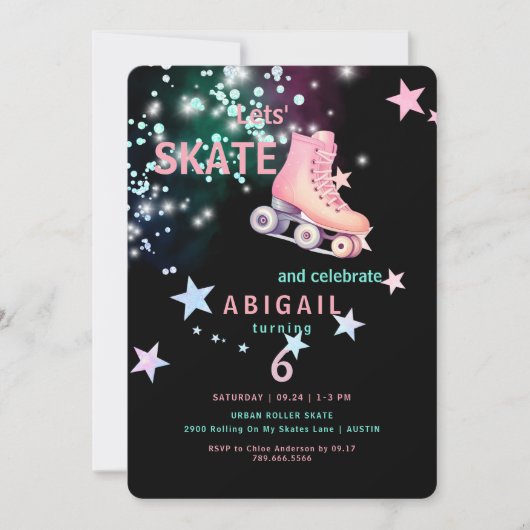 Meisje Roller Schaatsen Zwart & Neon Verjaardagsfe Kaart (Voorkant)