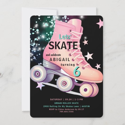 Meisje Rolschaatsen Zwart Neon Verjaardagsfeest Kaart (Voorkant)