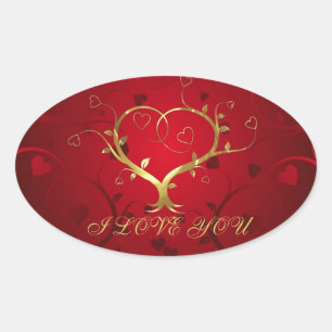 Meisje Rood & Goud Abstract Hart En Bloemen Swirls Ovale Sticker