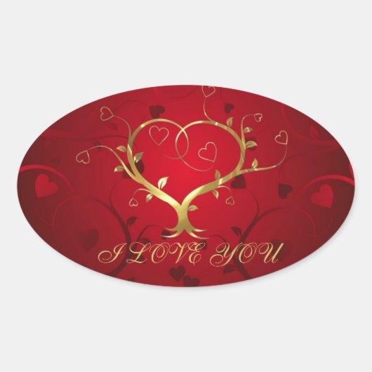 Meisje Rood & Goud Abstract Hart En Bloemen Swirls Ovale Sticker (Voorkant)