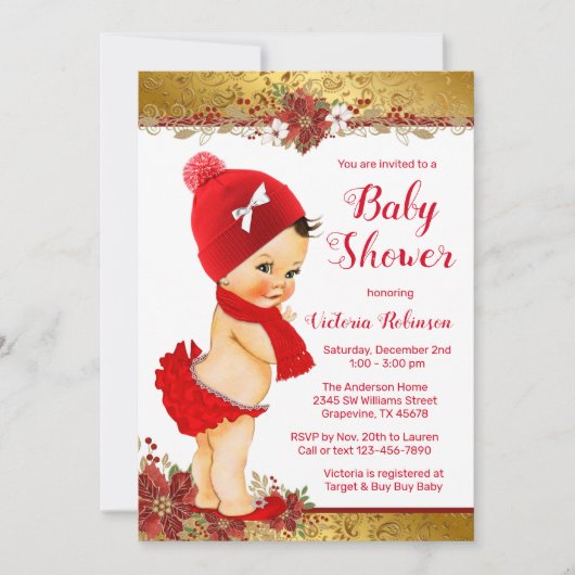 Meisje Rood Goud Kerst Baby shower Brunette Kaart (Voorkant)