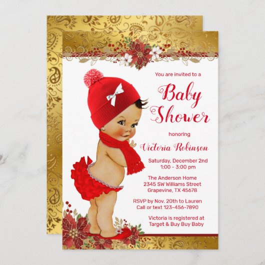 Meisje Rood Goud Kerst Baby shower Etnisch Kaart (Voorkant / Achterkant)