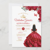 Meisje Rood Jurk Quinceañera 15 Anos Bloemen Goud Kaart (Voorkant)