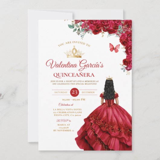 Meisje Rood Jurk Quinceañera 15 Anos Bloemen Goud Kaart (Voorkant)