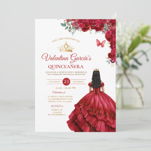 Meisje Rood Jurk Quinceañera 15 Anos Bloemen Goud Kaart (Staand voorkant)