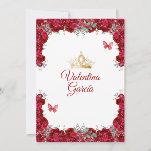 Meisje Rood Jurk Quinceañera 15 Anos Bloemen Goud Kaart (Achterkant)