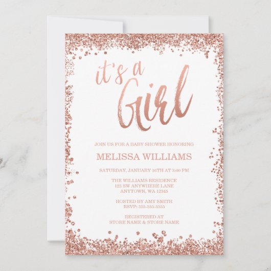 Meisje Roos Gold Faux Glitter Baby shower Uitnodig Kaart (Voorkant)