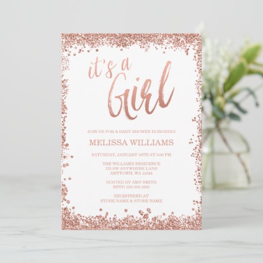 Meisje Roos Gold Faux Glitter Baby shower Uitnodig Kaart (Staand voorkant)