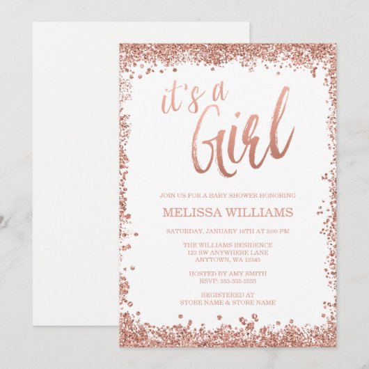 Meisje Roos Gold Faux Glitter Baby shower Uitnodig Kaart (Voorkant / Achterkant)