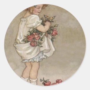 Meisje Roos Vlinder Verjaardag Ronde Sticker