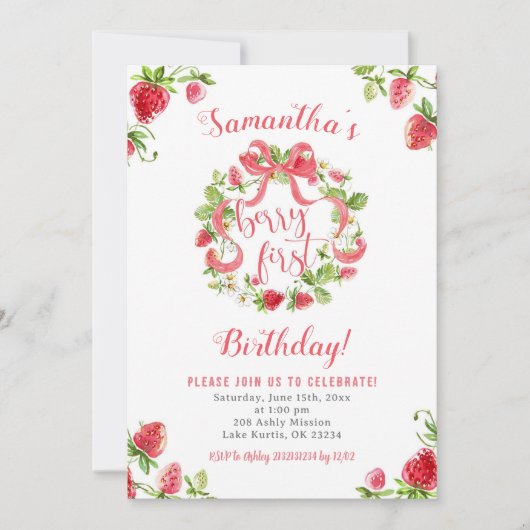 Meisje roze aardbei bessen eerste verjaardag kaart (Voorkant)