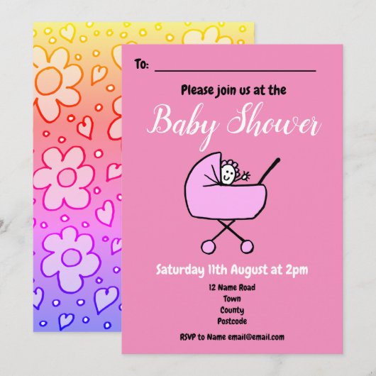 Meisje Roze Baby shower Invitation Kaart (Voorkant / Achterkant)