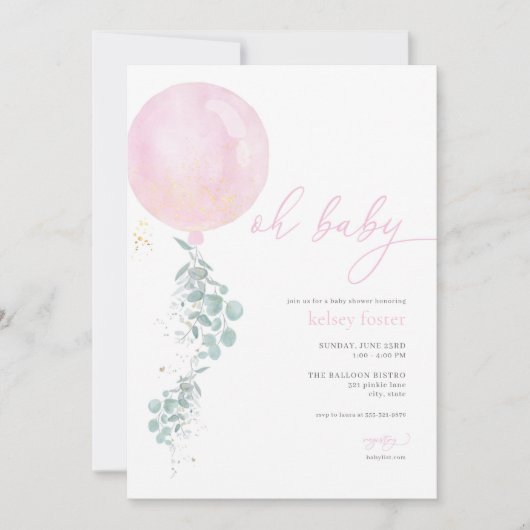 Meisje Roze Ballon Baby shower Invitation Kaart (Voorkant)