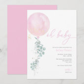 Meisje Roze Ballon Baby shower Invitation Kaart (Voorkant / Achterkant)