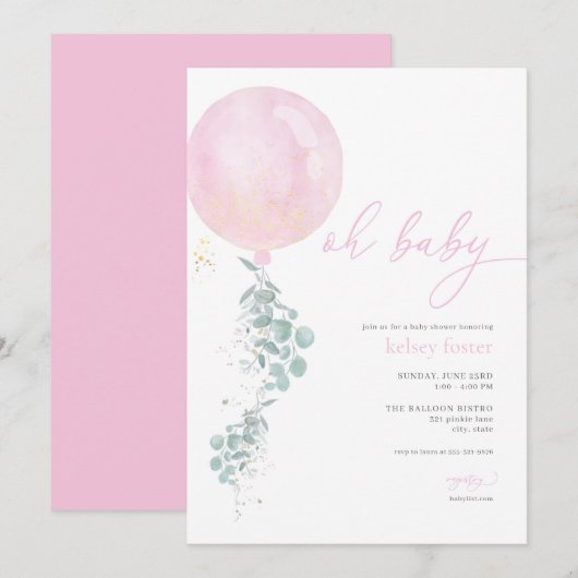 Meisje Roze Ballon Baby shower Invitation Kaart (Voorkant / Achterkant)