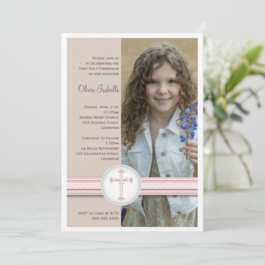 Meisje Roze | Beige foto communie uitnodiging (Staand voorkant)