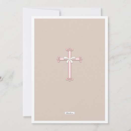 Meisje Roze | Beige foto communie uitnodiging (Achterkant)