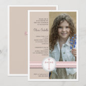 Meisje Roze | Beige foto communie uitnodiging (Voorkant / Achterkant)