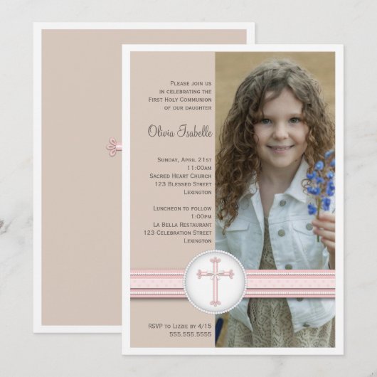 Meisje Roze | Beige foto communie uitnodiging (Voorkant / Achterkant)