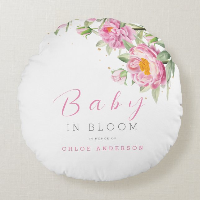 Meisje Roze Bloemen Baby in Bloom Shower Schattige Rond Kussen (Voorkant)