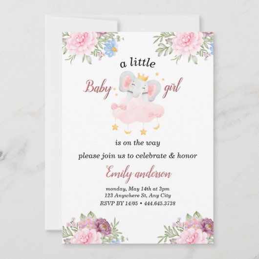 Meisje Roze Bloemen Olifant Baby shower Uitnodigin Kaart (Voorkant)