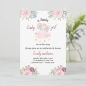 Meisje Roze Bloemen Olifant Baby shower Uitnodigin Kaart (Staand voorkant)