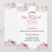 Meisje Roze Bloemen Olifant Baby shower Uitnodigin Kaart (Voorkant / Achterkant)
