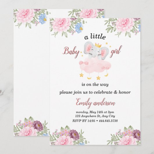 Meisje Roze Bloemen Olifant Baby shower Uitnodigin Kaart (Voorkant / Achterkant)