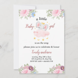 Meisje Roze Bloemen Olifant Baby shower Uitnodigin Kaart