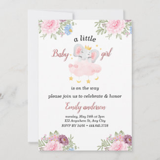 Meisje Roze Bloemen Olifant Baby shower Uitnodigin Kaart
