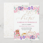 Meisje Roze Bloemen Tea Party Verjaardag Kaart (Voorkant / Achterkant)