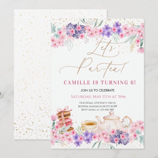 Meisje Roze Bloemen Tea Party Verjaardag Kaart (Voorkant / Achterkant)