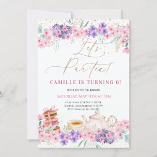 Meisje Roze Bloemen Tea Party Verjaardag Kaart