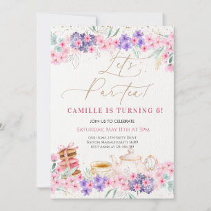 Meisje Roze Bloemen Tea Party Verjaardag Kaart