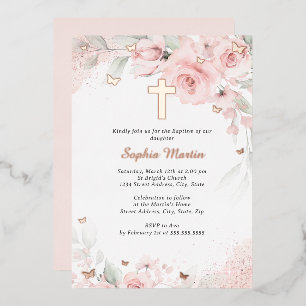 Meisje Roze Blush Roos Gouden Kruis Bloemendoop Folie Uitnodiging