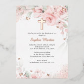 Meisje Roze Blush Roos Gouden Kruis Bloemendoop Folie Uitnodiging (Voorkant)