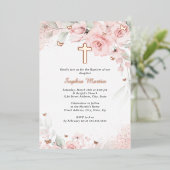 Meisje Roze Blush Roos Gouden Kruis Bloemendoop Folie Uitnodiging (Staand Voorkant)