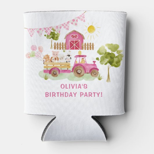 Meisje roze boerderijdieren verjaardag blikjeskoeler (Voorkant)