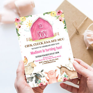 Meisje Roze Boerderijdieren Verjaardagsuitnodiging Kaart