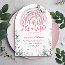 Meisje Roze Boho Bloemen baby shower Regenboogboog Kaart