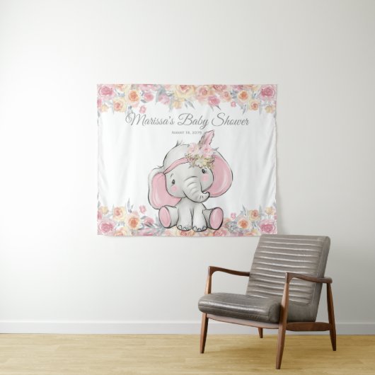 Meisje Roze Boho Olifant Baby shower M Achtergrond Wandkleed (In Situ (horizontaal))
