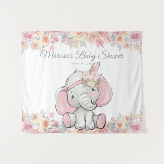 Meisje Roze Boho Olifant Baby shower M Achtergrond Wandkleed (Voorkant (horizontaal))