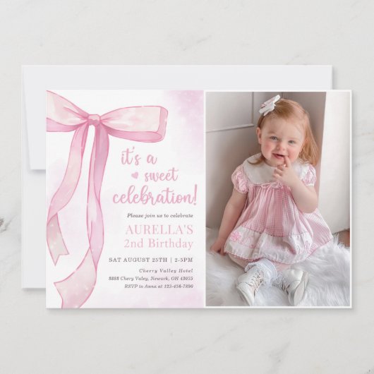 Meisje Roze Boog 2e Verjaardag Foto Kaart (Voorkant)