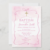 Meisje Roze Boog Gouden Kruis Doop Doop Kaart (Voorkant)